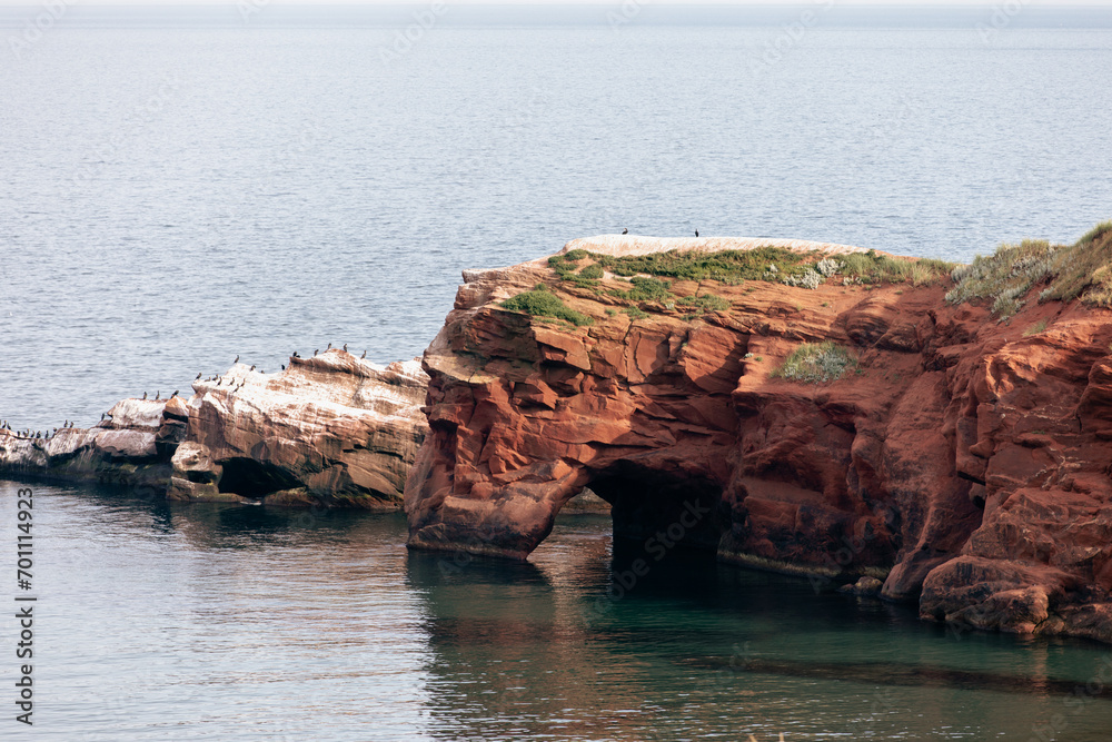 Fototapeta premium vue sur une falaise de roche rouge avec un segment recouvert de fiente d'oiseau en bord de mer lors d'une journée d'été