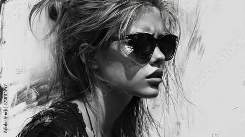 a woman with long hair, wearing dark sunglasses charcoal drawing 