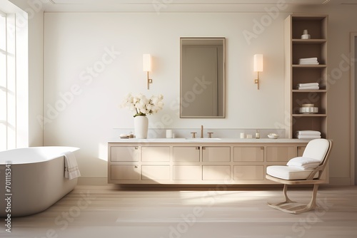 Timelessly designed modern classic minimalist bathroom featuring luxurious fixtures  neutral tones  and pristine simplicity