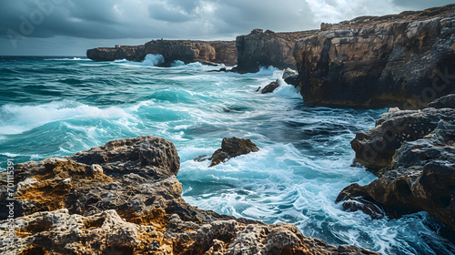 A photo of the Sea Caves coastline, Agia Napa, Cyprus, with dramatic cliffs as the background, during a stormy day