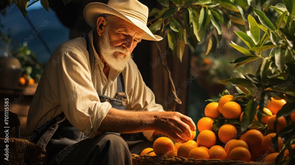 A farmer in a straw hat collects bright orange fruits in his garden.