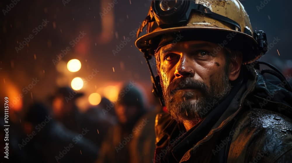 Obraz premium A handsome male firefighter stands against a background of flames in dirty firefighting clothing. Close-up of a man looking at the cameras.