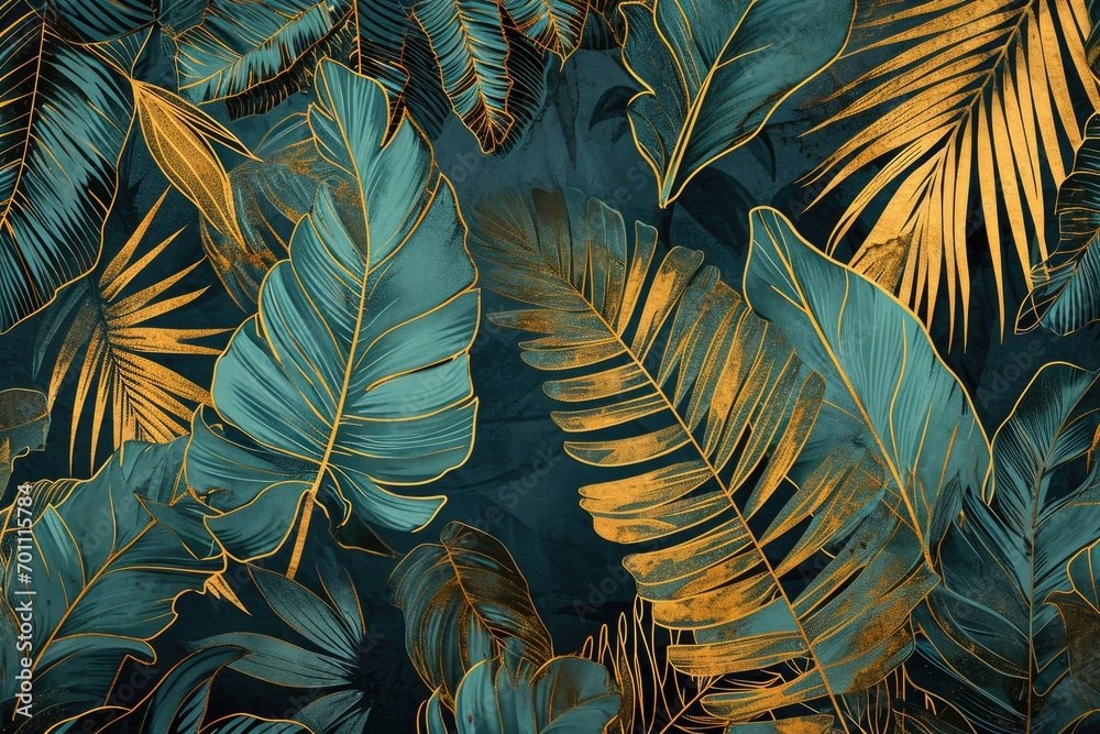 Gold and teal palm leaves digital pattern wallpaper - obrazy, fototapety, plakaty 