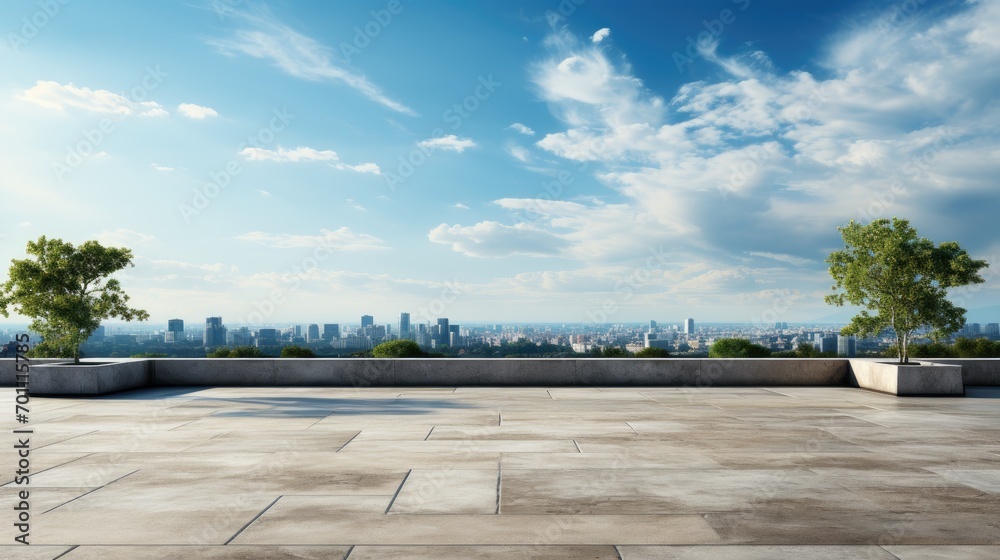 A large empty platform on the roof of a building with a panoramic view of a huge beautiful city.