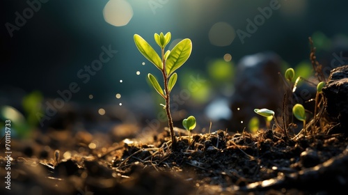 A green young seedling grows from the ground. Theme of gardening and ecology.