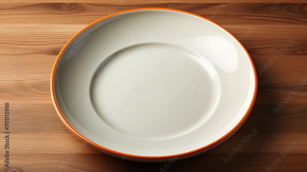 Empty white ceramic plate on a brown wooden table. The topic of proper nutrition. Empty white ceramic plate on a brown wooden table. The topic of proper nutrition.
