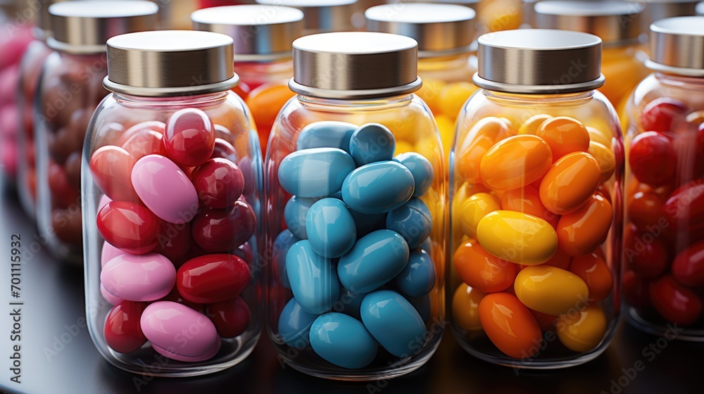 There are multi-colored pills in closed glass bottles on the table. Theme of medicine, treatment of various diseases and healthy lifestyle. There are multi-colored pills in closed glass bottles on the table. Theme of medicine, treatment of various diseases and healthy lifestyle.