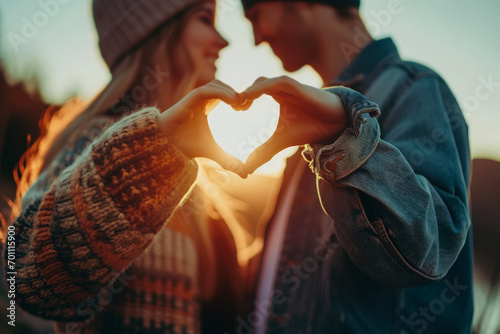 Wallpaper Mural pareja de hombre y mujer enamorados formando un corazón con sus manos a través del cual se observa la puesta de sol, sobre fondo desenfocado al atardecer, concepto San Valentín Torontodigital.ca