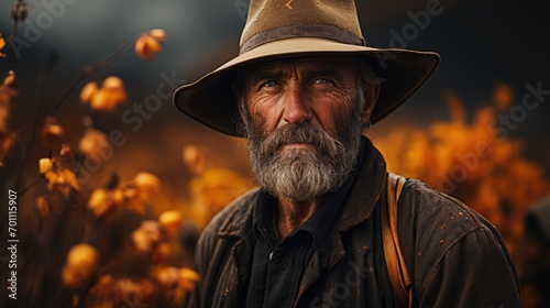 An elderly tired farmer stands against the backdrop of autumn fields. Close-up. Theme of old age and harvest.