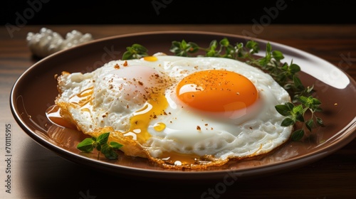 Appetizing fried eggs on a brown ceramic plate. The theme of a quick and healthy breakfast and snack.