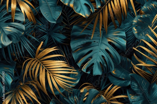 Gold and teal palm leaves digital pattern wallpaper photo