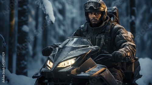 A dark-skinned man in a helmet and warm clothes rides an all-terrain vehicle in winter. Against the backdrop of a snowy forest.
