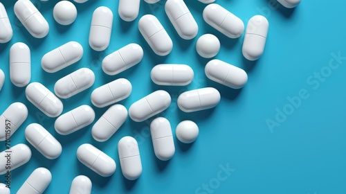 Round and oval white pills lie on a blue table. Theme of medicine, drugs, antibiotic treatment.