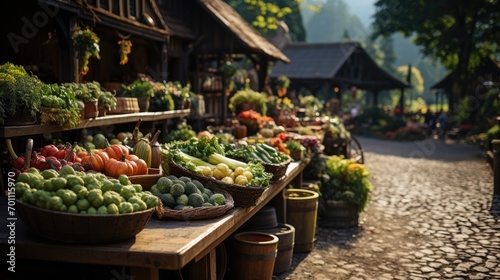 Large farmer's market with fresh vegetables and fruits in baskets on wooden tables. The theme of a healthy lifestyle and vegetarianism.