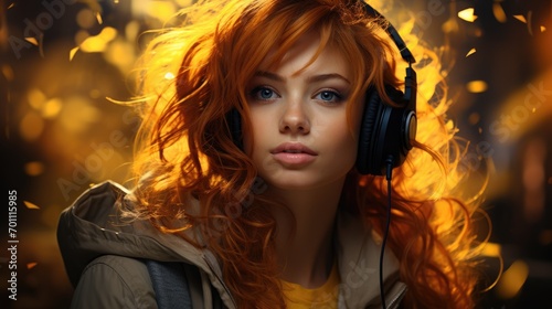 A bright red-haired girl listens to music on headphones on an autumn background. Theme of musical culture and trends.