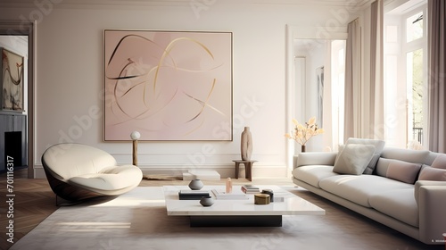 Tranquil living room with a muted color palette  low-profile furniture  and abstract wall art