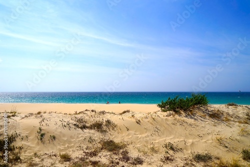 beautiful beach Playa de Bolonia at the Costa de la Luz seen from the dunes towards the Atlantic Ocean, Andalusia, Cadiz, Spain