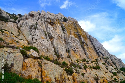 landscape in the mountains, wall of rocks and Moorish Cave near Bolonia, Cueva del Moro, Andalusia, Spain