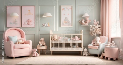 A peaceful scene of a well-organized nursery with soft, pastel colors and plush toys, awaiting the arrival of a newborn -Generative Ai photo