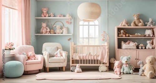 A peaceful scene of a well-organized nursery with soft, pastel colors and plush toys, awaiting the arrival of a newborn -Generative Ai