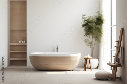 Tranquil modern classic minimalist bathroom with a soaking tub  natural textures  and a clean  uncluttered design