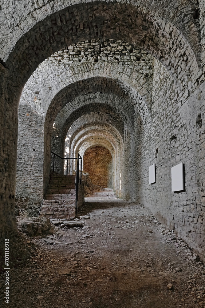 Vaulted gallery of the local fortress made of stone block masonry dating from the XII century, rebuilt in AD 1812. Gjirokaster-Albania-196+
