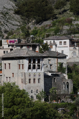 Ottoman-style dwellings made of stone on the slope down the hill facing the citadel from the southwest. Gjirokaster-Albania-193