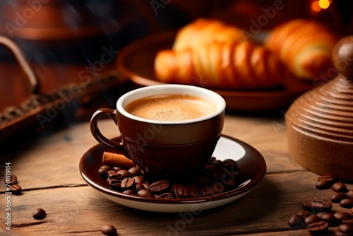 breakfast coffee with milk and croissant photo