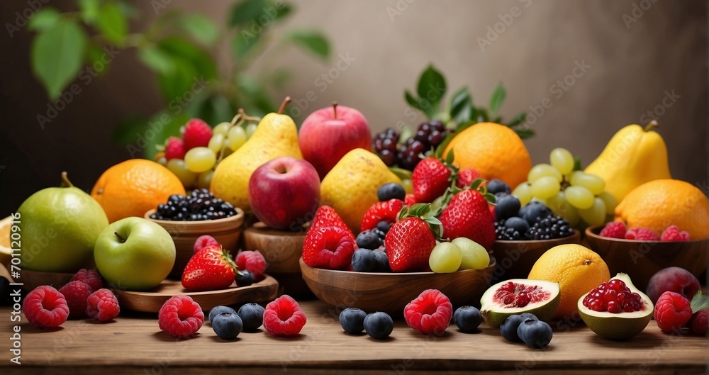 A table set with a variety of colorful fruits, symbolizing a healthy and vibrant diet for the mother-to-be during pregnancy -Generative Ai A table set with a variety of colorful fruits, symbolizing a healthy and vibrant diet for the mother-to-be during pregnancy -Generative Ai