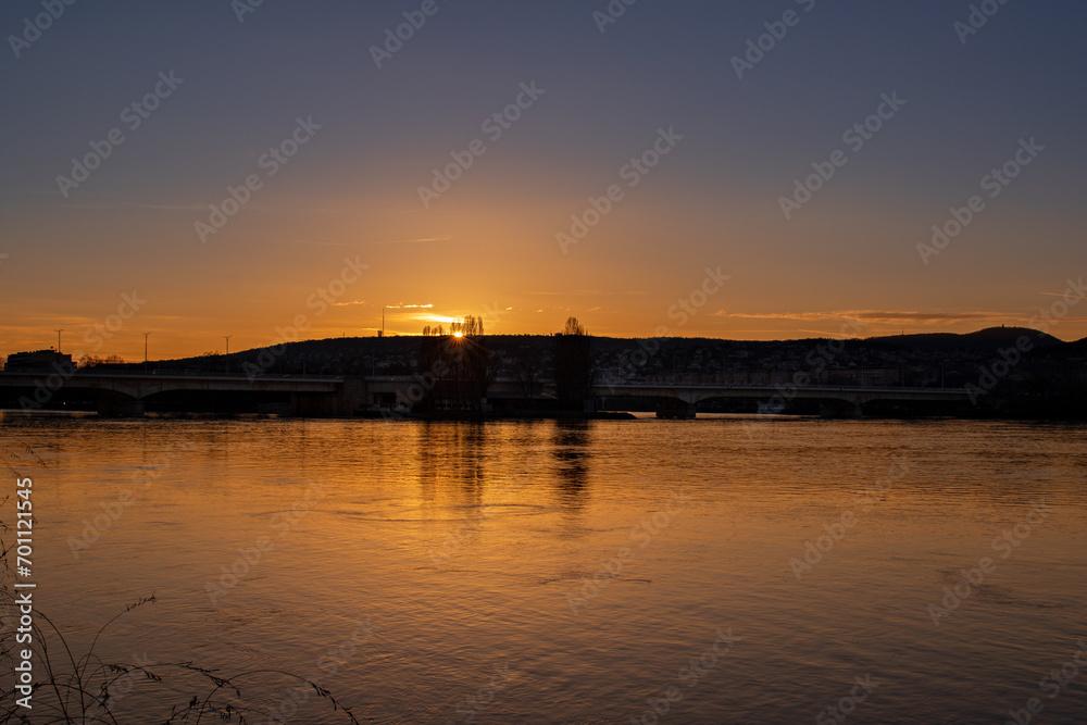 Sunset over the river Danube Hungary