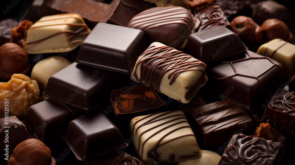 Assorted chocolate candies, Dark and milk Belgian chocolate pralines close-up photo Assorted chocolate candies, Dark and milk Belgian chocolate pralines close-up photo
