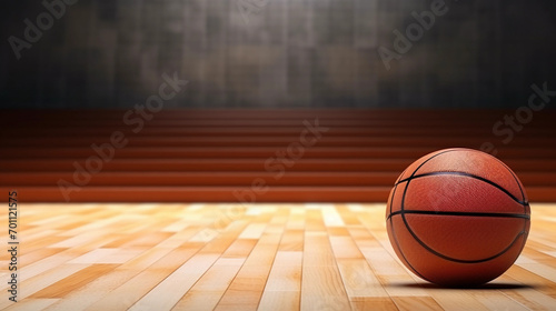 Basketball court side view mockup with hoop tribune and wood parquet surface for teamwork  photo