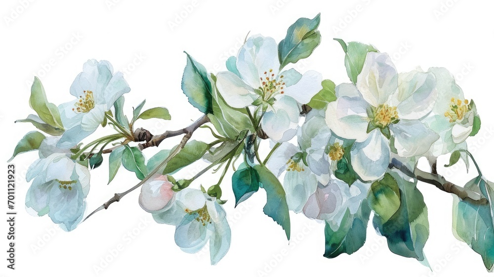 watercolor illustration of blooming apple tree branch, isolated on clean white background watercolor illustration of blooming apple tree branch, isolated on clean white background