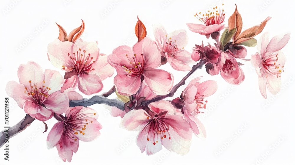 watercolor illustration spring cherry blossom,flowering branch of pink sakura, isolated on white background - obrazy, fototapety, plakaty 