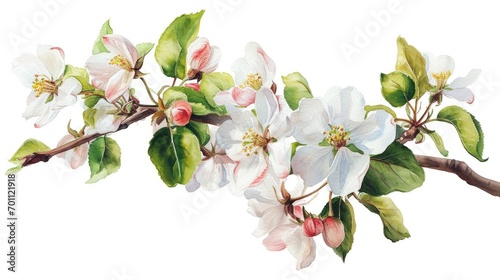 watercolor illustration of blooming apple tree branch, isolated on clean white background