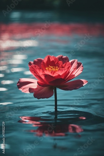 a single flower floating in the water, darkly romanticism, light crimson and sky-blue, beautiful flower on the water after rain in garden.
