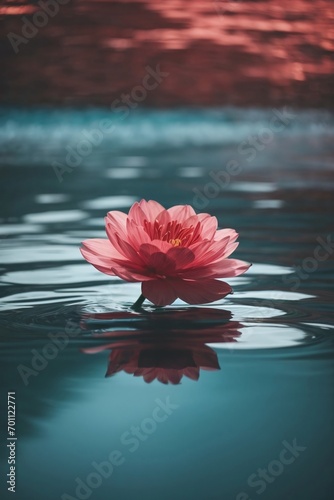 a single flower floating in the water, darkly romanticism, light crimson and sky-blue, beautiful flower on the water after rain in garden. 