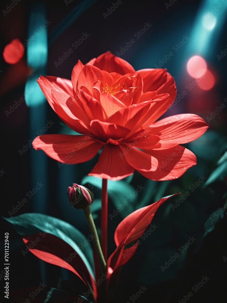Obraz premium an image of a Flower with colored light shining along a metal beam, neon lights, , red and blue neon light. Isolated on black background.