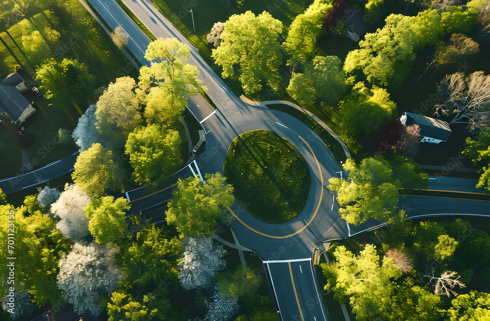Aerial View of Sunlit Roundabout Amidst Verdant Trees