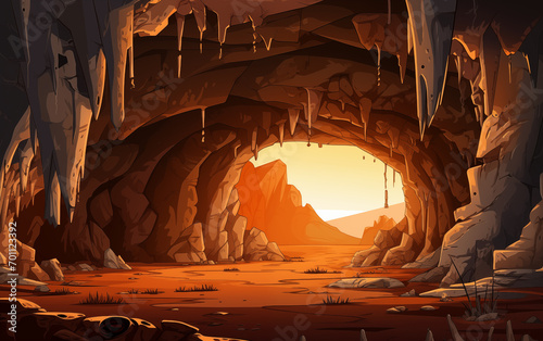 A cave cartoon style with sunlight. Generative AI