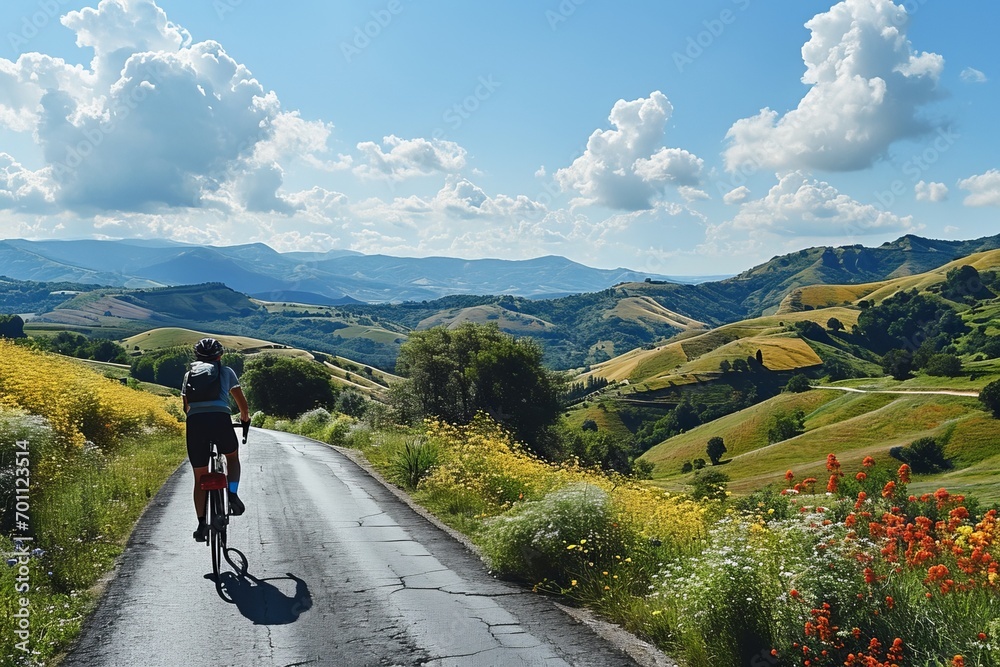 Cyclist riding through a picturesque countryside
