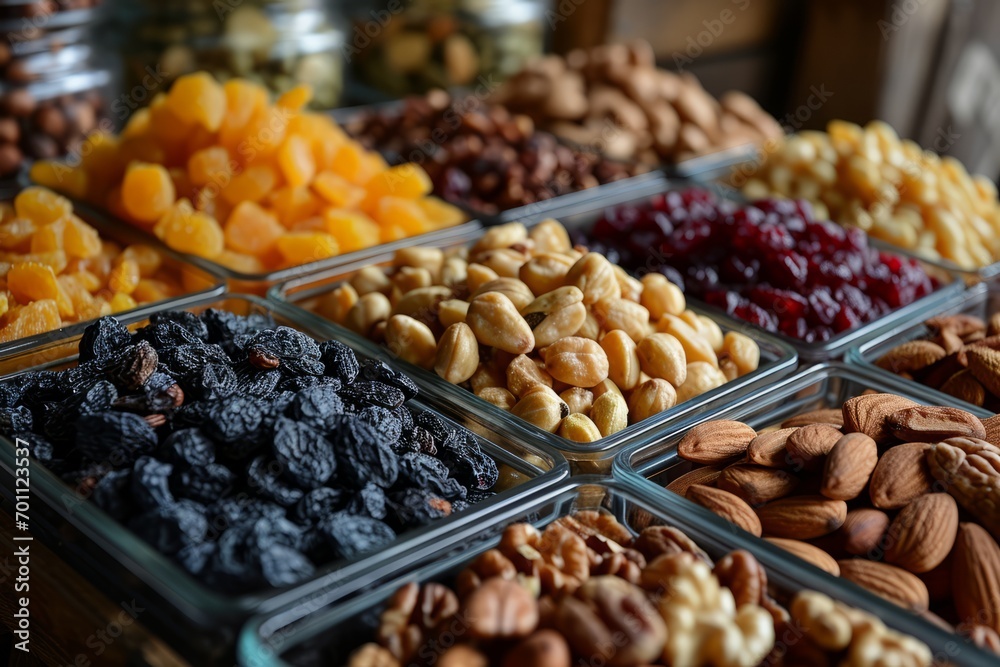 Nuts, seeds, and dried fruits in containers
