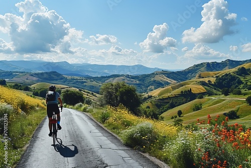 Cyclist riding through a picturesque countryside