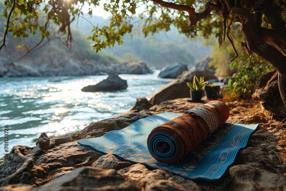Obraz premium Yoga mat placed in a serene natural setting