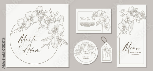 Set of wedding invitation cards with flowers orchids and floral elements. Vector illustration.