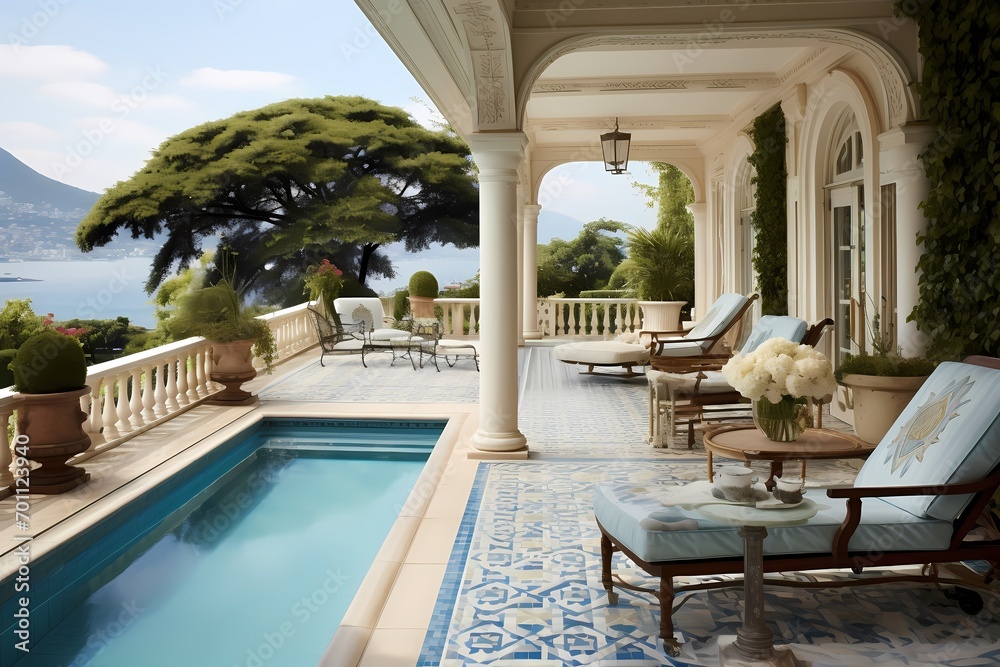 A veranda overlooking a sparkling blue swimming pool, offering a refreshing oasis on a hot day.