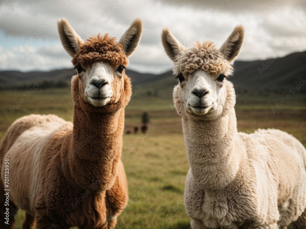 A close up of a two alpacas standing on a grassy field A close up of a two alpacas standing on a grassy field