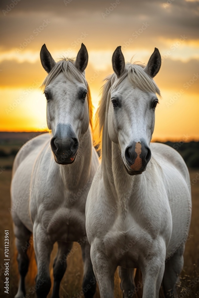Fototapeta premium Romantic Rustic Scenes: Twin White Horses at Sunset - Moonlit Seascapes