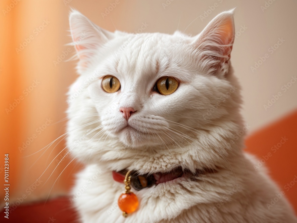 portrait cute white cat looking upwards an orange background, The beauty big white cat, Pet concept.
