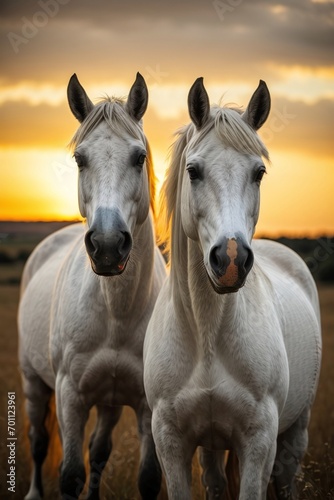 Romantic Rustic Scenes  Twin White Horses at Sunset - Moonlit Seascapes